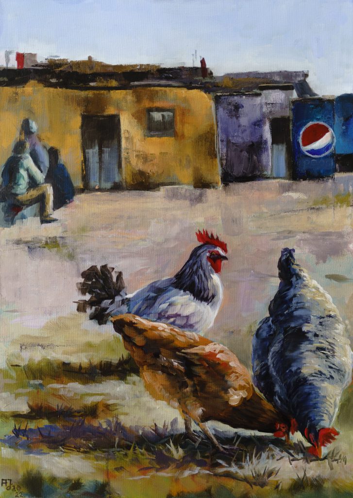 Realistisches Ölgemälde mit Hühnern im Slum
