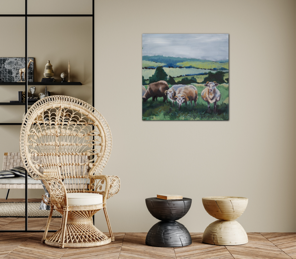 Gemälde mit Schafen im Raum
